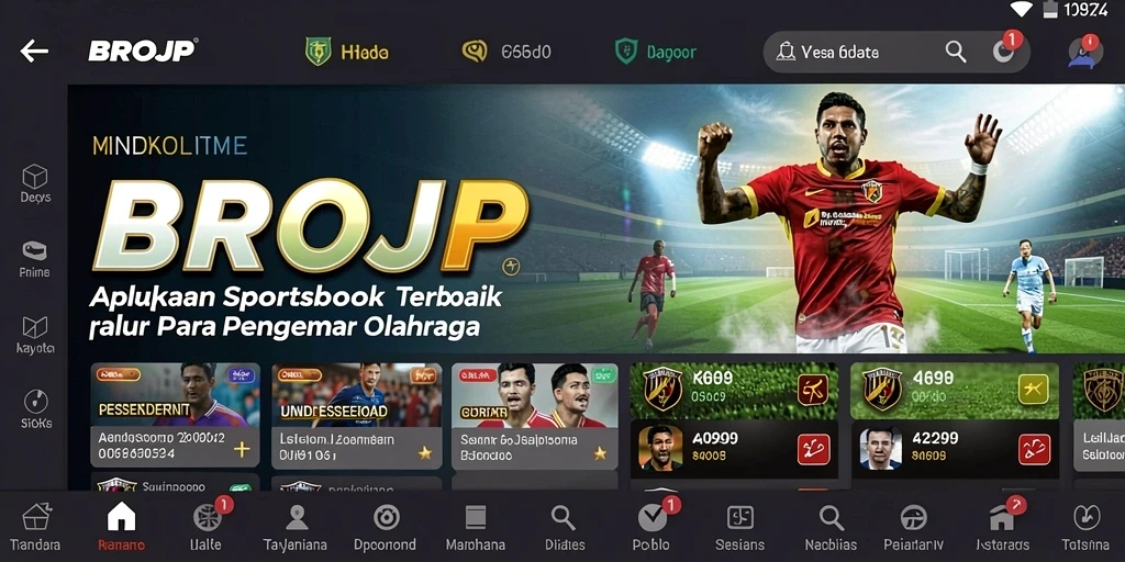 Tampilan utama aplikasi BROJP dengan berbagai pilihan taruhan olahraga.