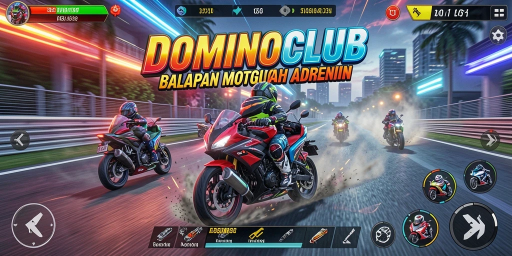 Screenshot gameplay DOMINOCLUB menampilkan aksi balapan motor yang mendebarkan.