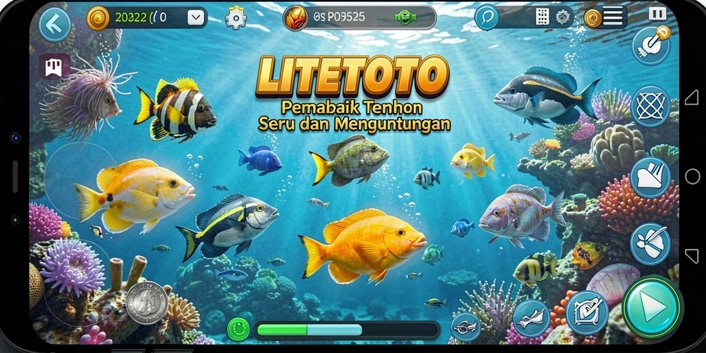 Menampilkan gameplay seru dalam LITETOTO dengan aksi menembak ikan.