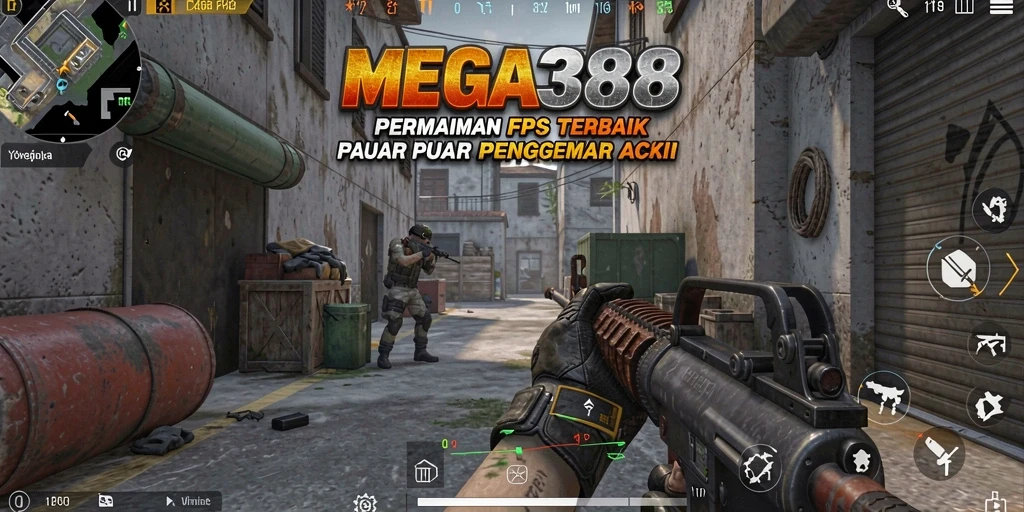 Screenshot MEGA388 menunjukkan aksi tembak-menembak yang mendebarkan.