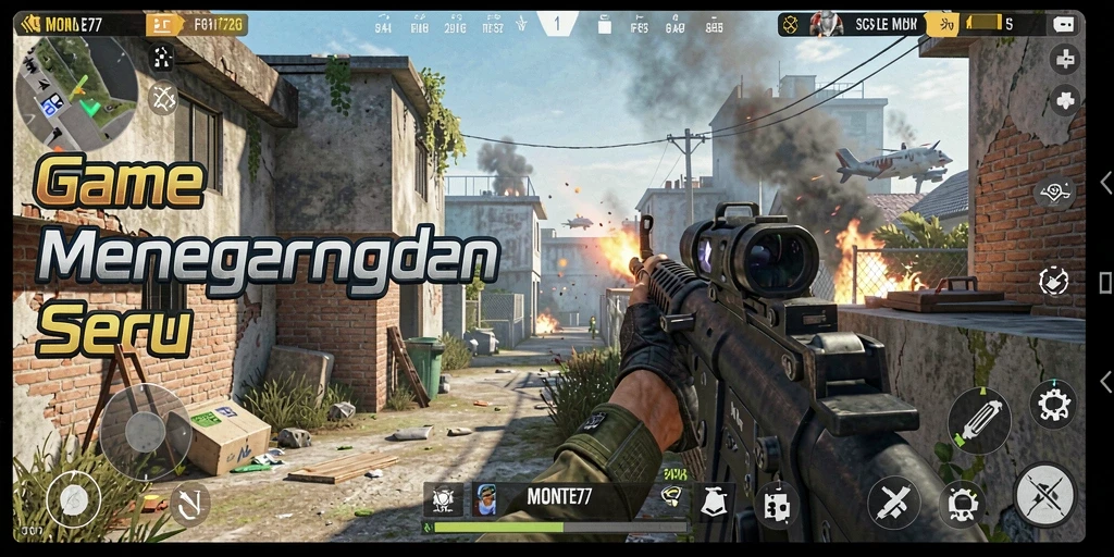 Screenshot gameplay seru dari MONTE77 menunjukkan aksi tembak-menembak yang mendebarkan.