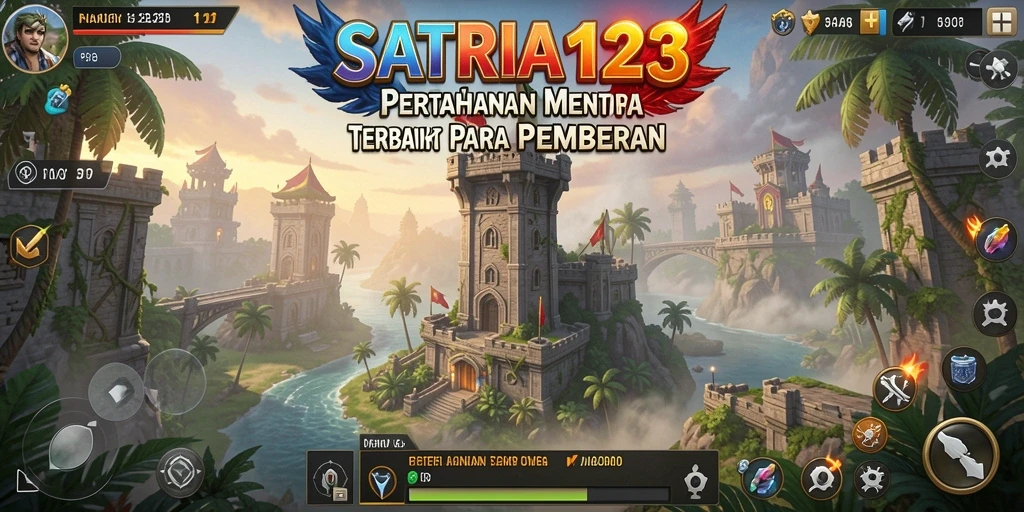 Screenshot gameplay SATRIA123 menampilkan aksi Tower Defense yang seru.