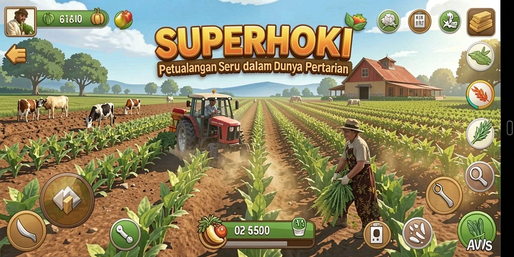 Tampilan utama gameplay <strong>SUPERHOKI</strong> menampilkan aktivitas bertani yang menyenangkan.