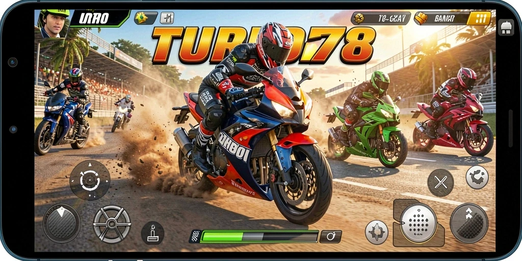 Screenshot gameplay TURBO78 dengan aksi balap motor yang mendebarkan.